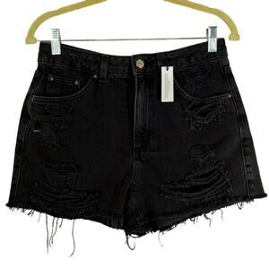 A Topshop Moto Faded Black High Waist Rise Distressed Mom Denim Shorts NWT 6
